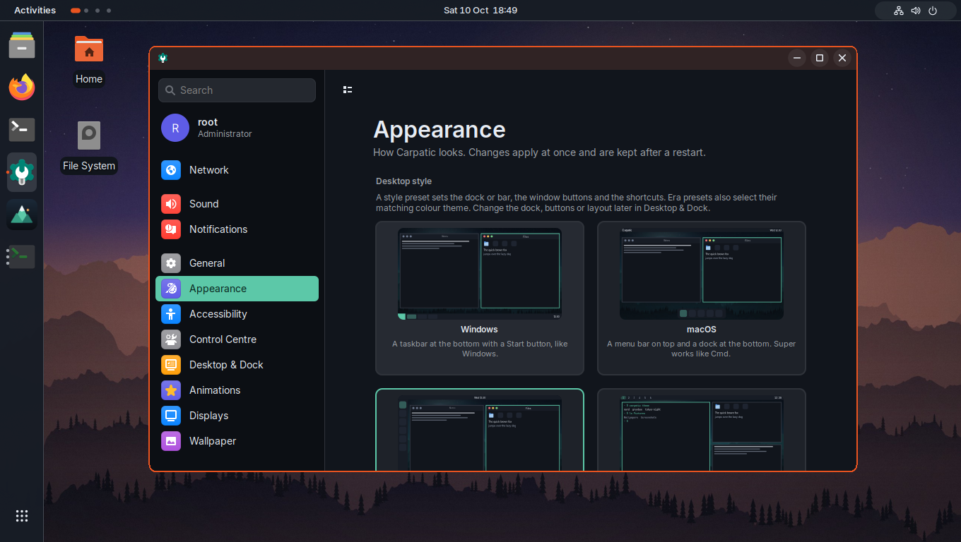 Actual Carpathian OS development desktop with native Settings